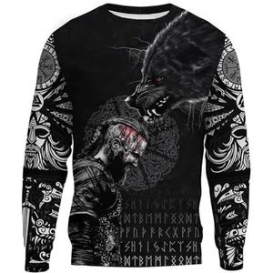 Viking Odin Wolf Rune Hoodie, Unisex 3D-geprinte Trui met Ronde Hals Harajuku Street Casual Sweatshirt, Middeleeuws Heidens Comfortjack met Lange Mouwen en Ritssluiting(Color:Round Neck,Size:XXL)