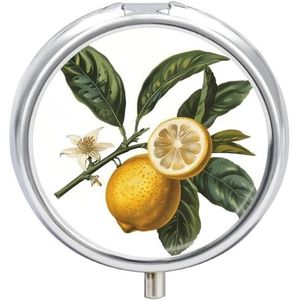 Pillendoosje Citroen Botanische Stijl Ronde Pillendoosje 3 Compartimenten Mini Metalen Reizen Pillendoos voor Portemonnee Kleine Leuke Geneeskunde Pil Organizer Draagbare Pillencontainer Houder voor
