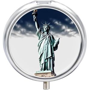 Statue of Liberty Pillendoos, draagbare pillenorganizer met 3 compartimenten en kleine spiegel, reispillendoosje voor zak of portemonnee, ronde medicijnorganizer, decoratieve vitamine-organizer
