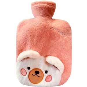 Warmwaterkruik met deksel, 2000 ml warmwaterzak voor warm en koud kompres, handvoetwarmer voor de winter, mooie beer-roze