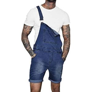 JINGWENL Heren denim overall shorts, casual jeans rompertjes jumpsuit slabbetje werkkleding ontspannen pasvorm (Color : Dark blue, Size : L)