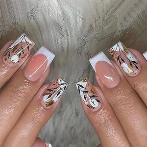 Coffin False Nails French Press on Nails Leaf Stick on Nails Ballerina Acrylic Fake Nails 24pcs for Women and Girls