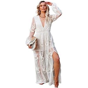 Bikini Cover-ups lange witte tuniek bikini cover-ups sexy diepe V-hals slip maxi jurk zomerkleding dames badpak cover up effen kleur (kleur: wit, maat: XL)