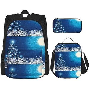 Blauwe Kerst Sneeuwvlok Grote Capaciteit Rugzak Lunch Tas Pen Pouch 3 Stuk Set voor Kantoor Reizen Camping Unisex, Zwart, Eén maat