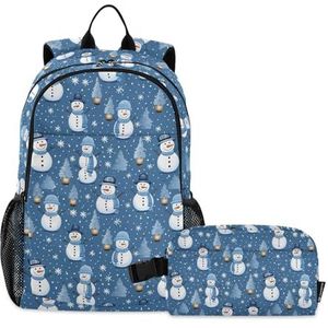 CHIFIGNO Leuke Sneeuwman en Sneeuwvlokken Blauw Kids Rugzak met Lunch Bag, Leuke Rugzak School Boekentas