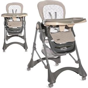 Lorelli Kinderstoel meegroeiend Bellissimo, kinderstoel inklapbaar, verstelbare babystoel met veiligheidsgordel, dubbel dienblad, mand, wielen en PU-lederen bekleding, beige