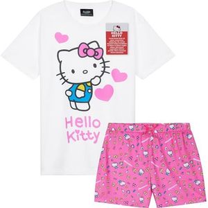 Hello Kitty PJ's voor meisjes, pyjama met korte mouwen voor kinderen, tieners, Kawaii loungeset, nachtkleding, zacht, comfortabel, nachtkleding, cadeaus voor meisjes, Wit/Roze, 7-8 jaar