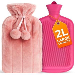 2L Warmwaterkruik met Roze Imitatiebont Hoes – Warmwaterkruik met Pompons voor Pijnverlichting, Hand- en Voetverwarmer – Luxe, Zachte en Wasbare Warmwaterzak voor Warme en Koude Kompressen
