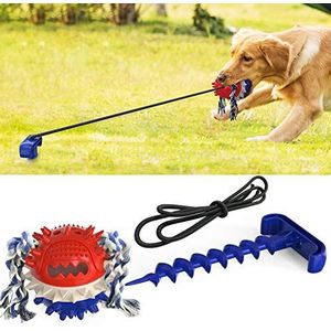 Biutimarden Duurzame Squeaky Dog Chew Spiky Ball Launcher, premium hands-free interactief hondenspeelgoed, tandenpoetsen hondenpuzzel, speelgoed voederdispenser met zeer elastisch touw (blauw + rood)