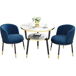 Ronde eettafel en gestoffeerde stoelen MDF tafelblad, lichte fauteuils met zwart metalen poot voor keuken, receptieruimte (blauw, 80 cm-tafel+3 x stoel)