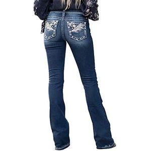 QJBMEI Dames jeans veer bloem borduurwerk halfhoge elastische bootcut slanke wijde pijpen broek, Blauw, S