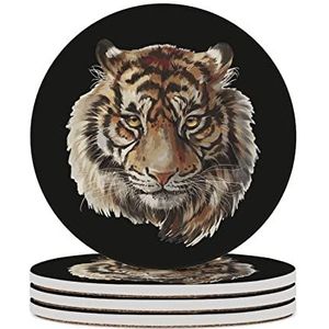 Tiger Head Coasters voor Dranken Keramische Onderzetters Bekerhouders met Kurk Basis voor Home Decor 4 STKS