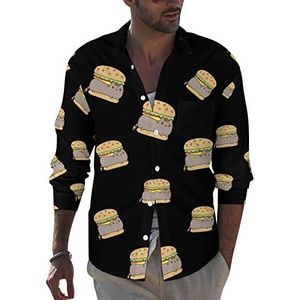Grappige kat hamburger heren button-down shirt met lange mouwen casual strand tops met zak normale pasvorm