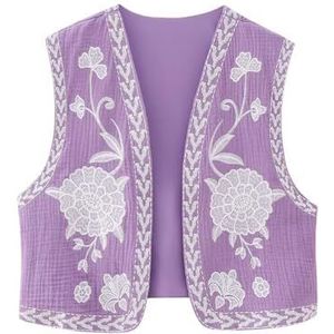 Vrouwen Vintage Geborduurd Bloemenvest Top Y2k Mouwloos Open Voorkant Crop Vest Boho Bloemenvest Jas(Color:Purple white flower,Size:Large)