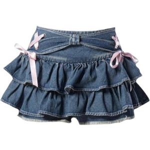 AYAZER Dames minirok van denim kawaii elastische taille A-lijn splitsen schattige sexy ruches jeans rok shorts zomer blauw S
