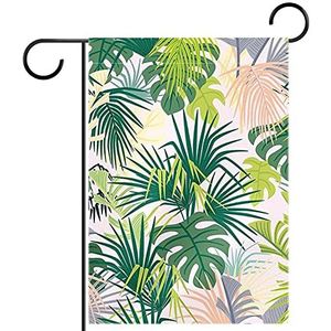 roze jungle groene bladeren Tuinvlag 28x40 inch,Kleine tuinvlaggen dubbelzijdig verticale banner buitendecoratie