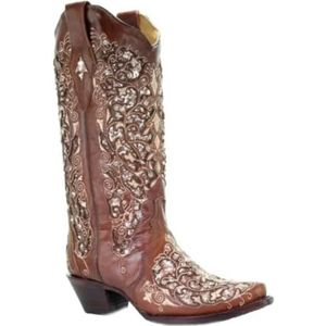 Lmtossey Retro diamant holle bloem westerse cowboy laarzen puntige teen hoge hak rijder laarzen grote vrouwen laarzen, Bruin, 47 EU