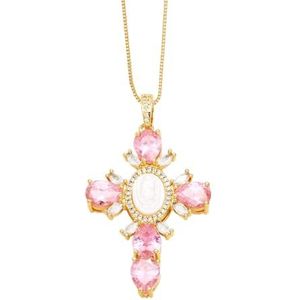 Veelkleurige koperen vergulde gouden kristallen kruishanger dames Madonna ketting CZ kubieke zirkoon sieraden ketting (Style : Pink)