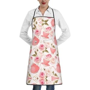 ZhaoYuGoods Zwart-wit gestippelde schorten met zakken voor vrouwen, stijlvolle kookschorten voor keuken tuinieren salon, ideale print schort, Roze Theepot, Eén maat
