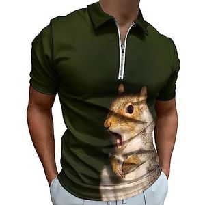 Grijs Eekhoorn Geeuwen Poloshirt voor Mannen Casual Rits Kraag T-shirts Golf Tops Slim Fit