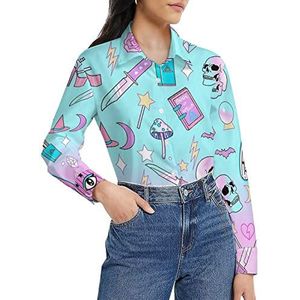 Meisjesachtig pastel heks gothic-patroon damesshirt lange mouwen button down blouse casual werkshirts tops XL