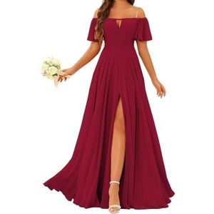 Prinses Bruidsmeisje Jurken Off Shoulder Prom Jurken Plooien Chiffon Formele Avond Party Maxi Jurk met Split ZMK196, wijnrood, 32