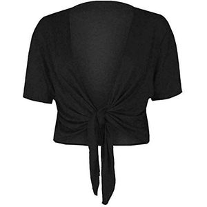 Fashion Essentials Dames korte mouwen effen stropdas up shrug dames stretch fit cropped vest bolero top plus size zwart UK 12-14, Zwart
