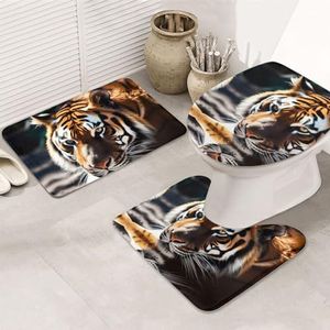 VTCTOASY Wild Animal Tiger Print Badkamer Tapijten Sets 3-delig Absorberend Toilet Deksel Cover Antislip U-vormige Contour Mat voor Toilet Badkamer