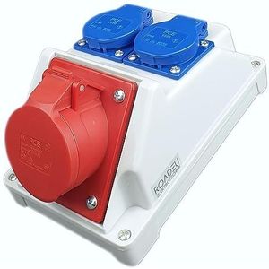 RoadEu - Combi wandcontactdoos 16A 5P - wandverdeler CEE 16A met 2x Schuko 230V - stroomverdeler IP44 - binnen en buiten bouwstroomverdeler - Perfect voor werkplaatsen, fabrieken of garages