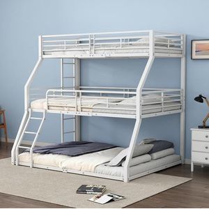 Yaheeda Drievoudig stapelbed, 90 x 200/120 x 200/140 x 200 cm, metalen ijzeren bedframe, voor kinderen, jongeren en volwassenen, zwart (wit)