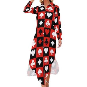 Pokerkaart Schaakbord Rood Zwart Lange Mouw Maxi Shirt Jurken voor Vrouwen Casual V-hals Knop Blouses 6XL