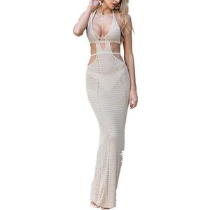 Gehaakte maxi-jurk voor dames, bikini-cover-up, halteruitsnijding, rugvrij, lang strandbedekking, Abrikoos, S/M