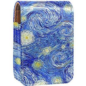 Lipgloss Houder Lippenstift Case Draagbare Mini Lipstick Opbergdoos Reizen Lipstick Organizer Case met Spiegel voor Vrouwen Abstract Olieverfschilderij Blauwe Kunst Sterrenhemel Maan Zon, Meerkleurig, 9.5x2x7 cm/3.7x0.8x2.7 in