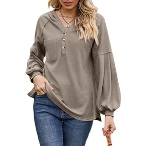 Capuchontrui met button-down-kraag, losse capuchontrui met lange lantaarnmouwen, oversized, casual sweatshirt voor dagelijks gebruik, Kaki, L