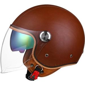 Motorfiets 3/4 Helm Mannen Vrouwen Retro Open Gezicht Half Helm Leer Vintage Klassieke Volwassene Jet Helm voor Scooter Cruiser Bromfiets DOT/ECE Goedgekeurd A,S=54-57cm