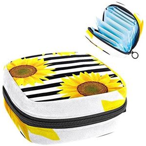 Zonnebloem Streep, Periode Pouch Draagbaar,Tampon Opbergtas,Tampon Houder voor Portemonnee Vrouwelijke Product Organizer, Meerkleurig, 4.7x6.6x6.6 in/12x17x17 cm