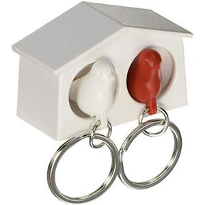 Qualy Mini vogelhuis elastische sleutelband met 2 Mini Sparrow Bird sleutelhangers met fluitje, wit/rood