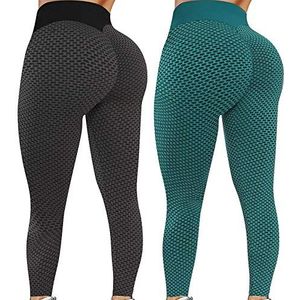 Vrouwen TIK Tok Leggings 2 Stks, Honingraat Butt Lifting Yoga Broek Hoge Taille Buik Controle Gym Running Panty KaloryWee, B-groen, XL