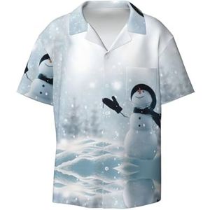 EdWal Kerst Happy Snowman Print Heren Korte Mouw Button Down Shirts Casual Losse Fit Zomer Strand Shirts Heren Jurk Shirts, Zwart, L