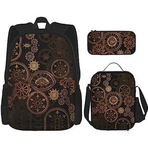 SUHNGE Grappig voor Kangoeroe Zoo Print Lichtgewicht Rugzak Set van 3 Stuks (Potlood Case Schooltas Lunch Bag Combinatie), Versnellingen Klok Bronzen Eeuw, Eén maat