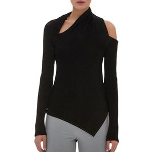 GKEIOSHQIL Dames herfsttruien off-shoulder onregelmatige lange mouw slim fit effen gebreide pullover trui top,zwart,L