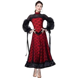 Tytyozay Elegante dames standaard dansjurk, lange mouwen coltrui ballroom dansjurk met ruches en mesh stof oefenkostuum wals tango ballroom jurk voor podium en training,Rood,L