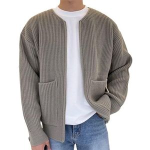 Trendy cardigan-truien voor heren met zakken en ritssluiting, casual effen vesten met lange mouwen, warm gebreid sweatjack, Kaki, XXL