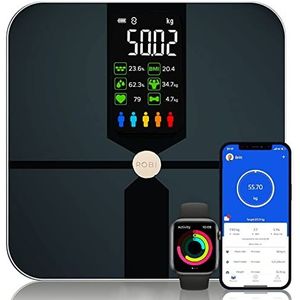 Robi S9 Personenweegschaal - Lichaamsanalyse slimme weegschaal, lichaamsvetmonitor, BMI, spiermassa, vochtpercentage, digitaal gewicht badkamerweegschaal, app-synchronisatie
