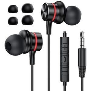MOSWAG Bedrade Oordopjes, 3.5mm Zwarte Bedrade Oordopjes Met Microfoon, In Ear Ruisonderdrukking Hoofdtelefoons Compatibel Met Mobiele Telefoons, Desktop Pcs, Tablets, Laptops, Mp3s, MP4s (1PACK)