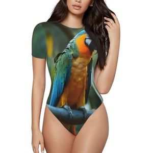 ELSMZXZD Bodysuit met korte mouwen voor dames - schattige papegaaien bedrukt ronde hals bodysuit, rekbaar T-shirt top, casual slim fit turnpakje, 3 D, S