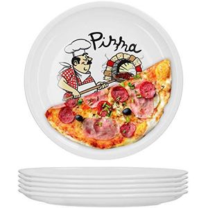 Van Well Set van 6 Italiaanse pizzaborden, groot, ø 30,5 cm, keukenchef-kok, porselein, XL borden voor pizza en pasta, geschikt voor magnetron, vaatwasmachinebestendig, stapelbaar, gastronomie- en