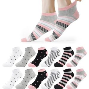 Libella Sneakersokken dames sportsokken 35-38 39-42, 12 paar katoenen sokken hartvormige golfpunten gestreepte meerkleurige korte sokken meisjes ademende loopsokken, meerkleurig B, 35-38 EU