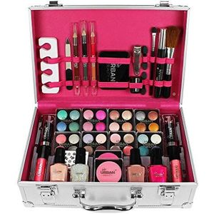 LOVE URBAN BEAUTY Oogverblindende make-upkoffer – 60-delige make-up- en nagelset voor tieners - Elegante Zilveren Doos – Compact en lichtgewicht ontwerp – Reisvriendelijke make-upset voor dames