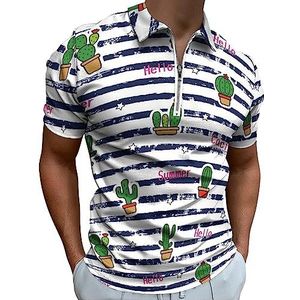 Cactus En Blauw Gestreept Poloshirt voor Mannen Casual Rits Kraag T-shirts Golf Tops Slim Fit